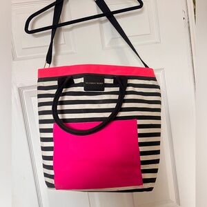 Victoria's Secret Black and White Stripe Tote with Bright Pink Trim